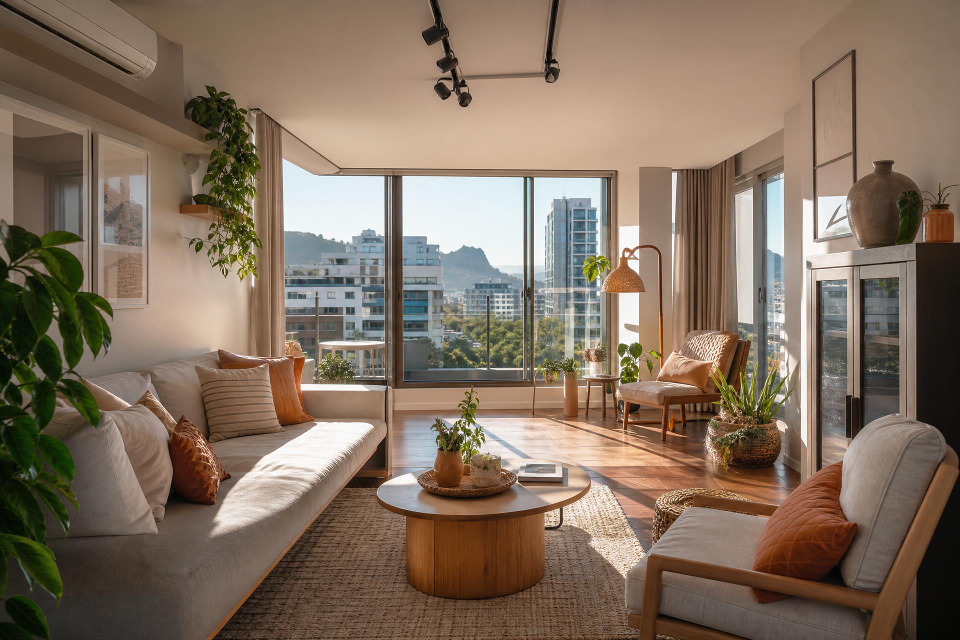 Bright, airy apartment living room bathed in afternoon light, listed for rent